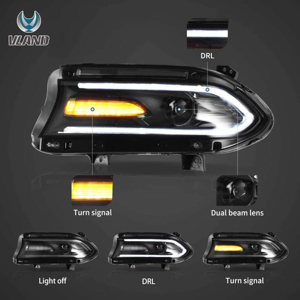 15-23 Dodge Charger Vland Dual Beam Projector HeadLights Black YAA-XCHR-2033-2P41A (2)