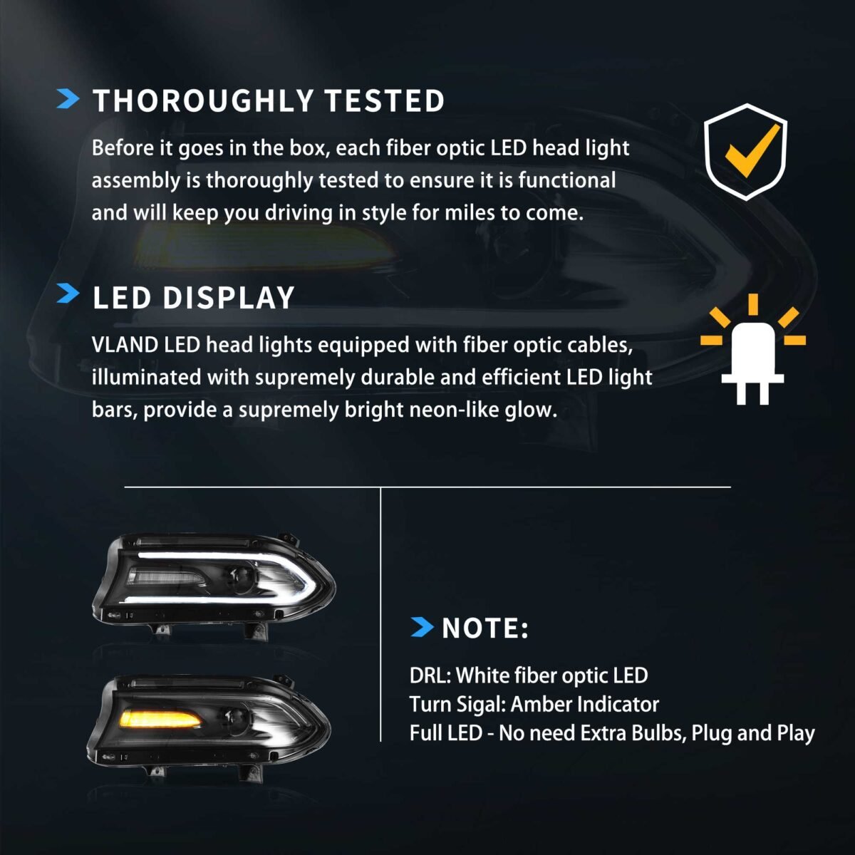 15-23 Dodge Charger Vland Dual Beam Projector HeadLights Black YAA-XCHR-2033-2P41A (3)