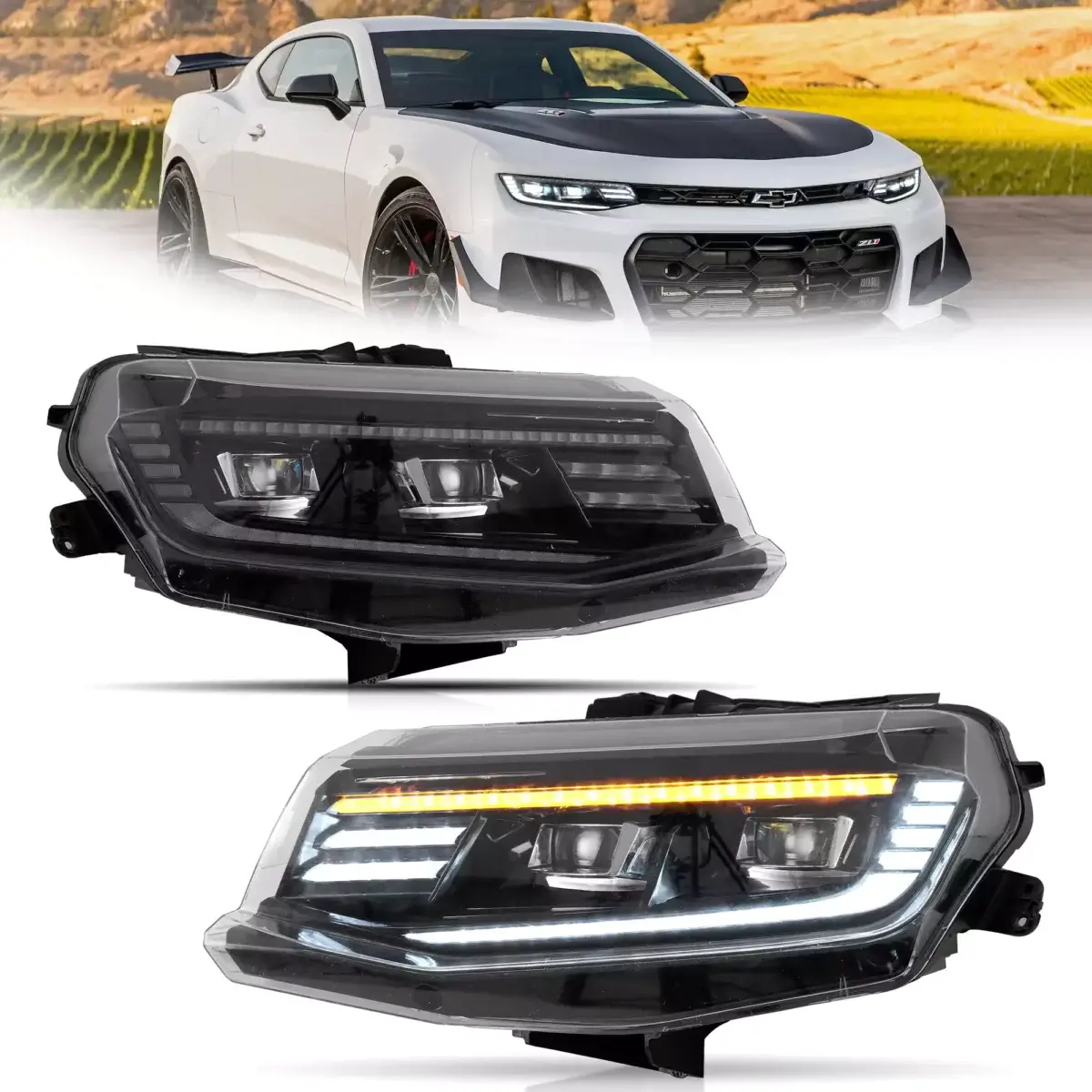 16-18 Chevrolet Camaro & 19-24 Camaro ZL1 Vland LED Dual Beam Projector HeadLights YAA-CMR-2048A-1P31A