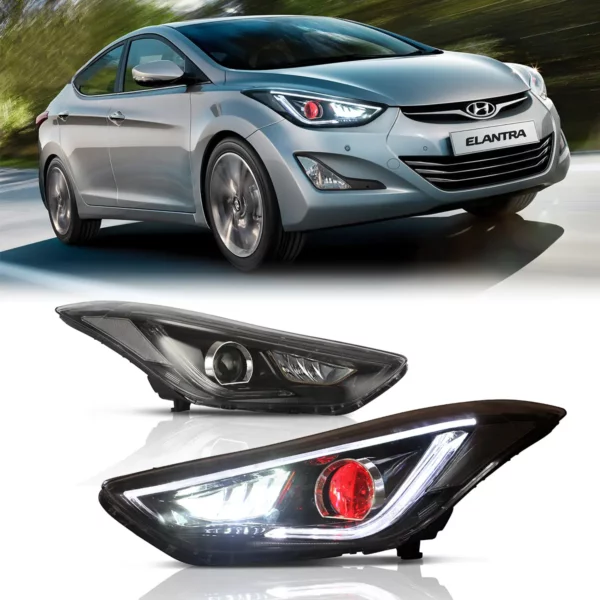 thumbnail image 2 of LED Halo Projector Headlights Pair For 2011-2013 Hyundai Elantra – Black Housing – VLAND 2 of 5
