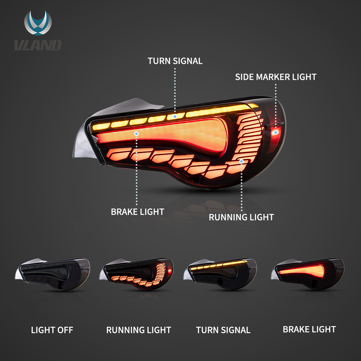 VLAND Full LED Taillights With Sequential Turn Signal - Fits Toyota 86, Scion FR-S & Subaru BRZ 2012-2020 (Smoked Lens)