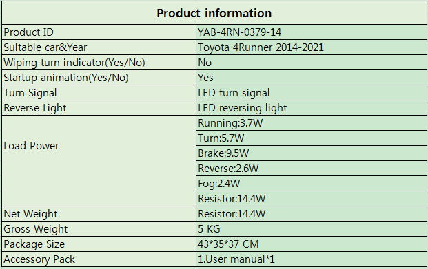 Vland Taillights For 14-21 Toyota 4Runner Product Information