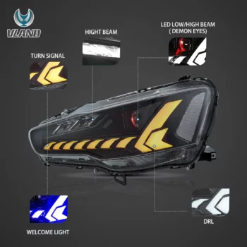 08-17 Mitsubishi Lancer Evo X Vland Dual Beam Projector Headlights with Demon Eyes Black - Image 2
