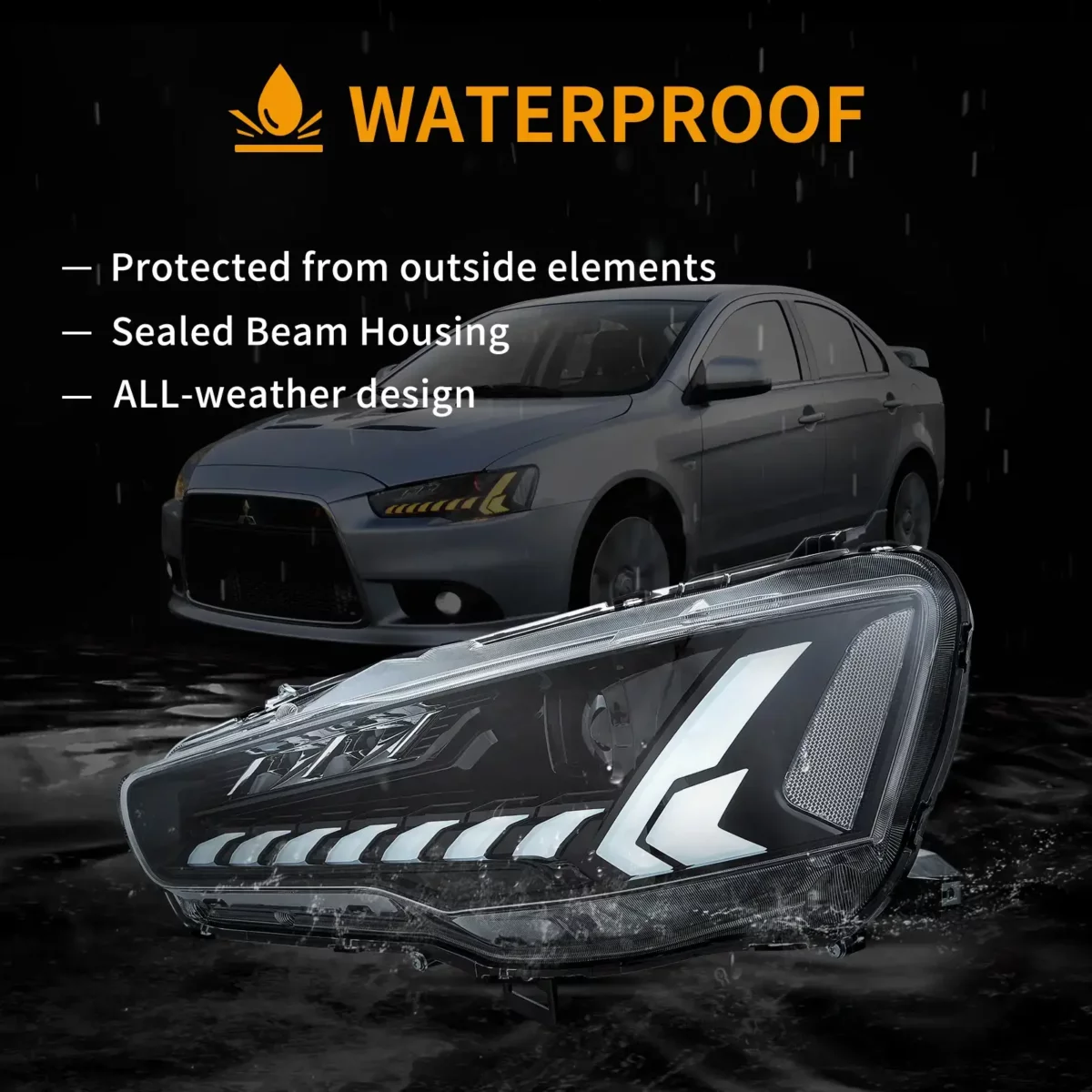 08-17 Mitsubishi Lancer Evo X Vland Dual Beam Projector Headlights with Demon Eyes Black - Image 8