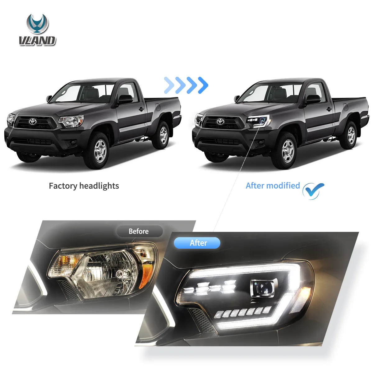 thumbnail interactive-video image 1 of VLAND Full LED Headlights For 2015-2023 Toyota Tacoma - Black Housing, Sequential Turn Signals, DOT/SAE 1 of 3
