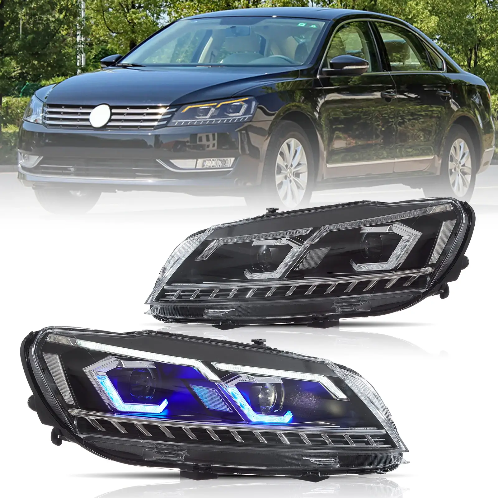 thumbnail image 2 of VLAND Full LED Projector Headlights W/ Animation DRL – For VW Passat 2011-2015 (Halogen Version) 2 of 6