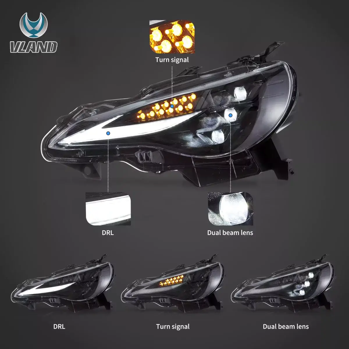 Vland Headlights For 12–21 Toyota 86GT86, Subaru Brz, Scion Frs WTriple LED Projector YAA-FT86-0297B (3)