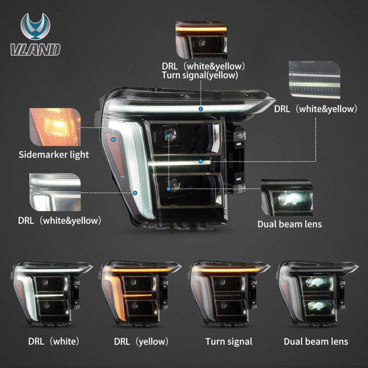 2021-2024 Ford F150 Vland Full BI-LED Headlights With AmberWhite DRL Options YAA-F150-2054D-2B32A (3)
