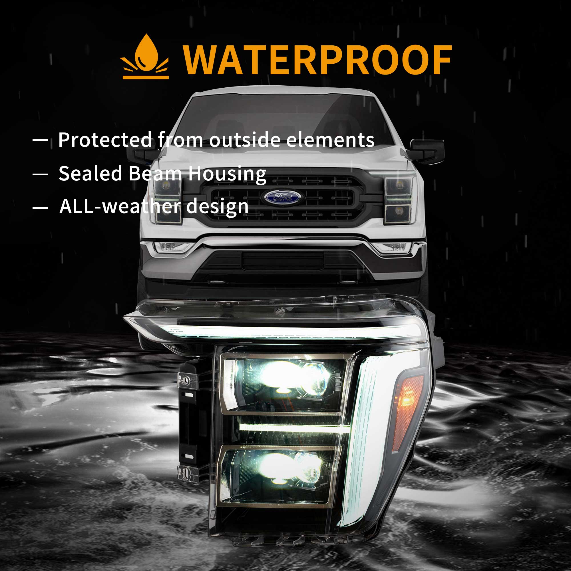 thumbnail image 2 of 2021-2023 Ford F-150 Driver Side LED Quad Reflector Headlight – Black Housing – OE Replacement 2 of 5