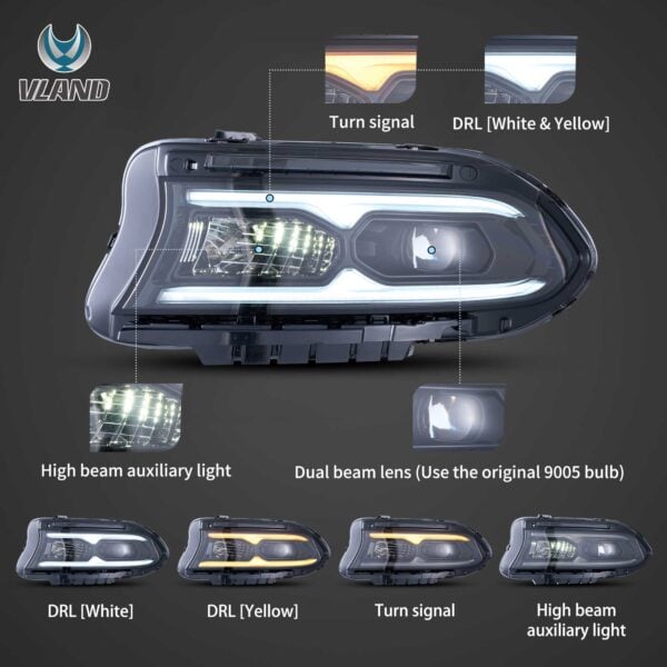 2015-2023 Dodge Charger Halogen Models Vland Projector Headlights YAA-XCHR-2033A-2P41A (3)