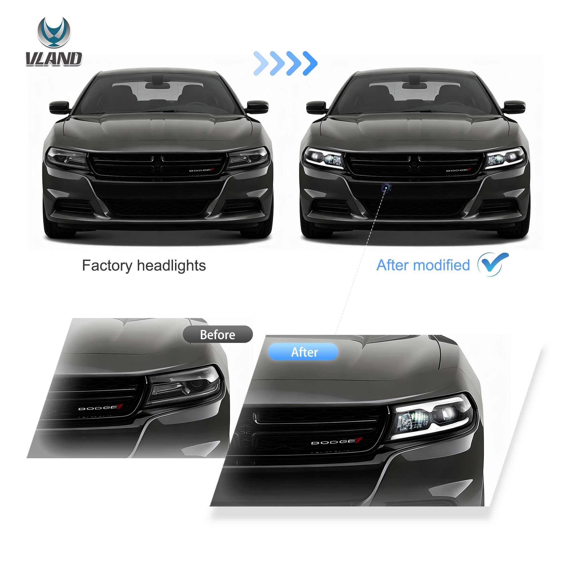 Right Side LED DRL Projector Headlight For 2015-2022 Dodge Charger – Black Housing