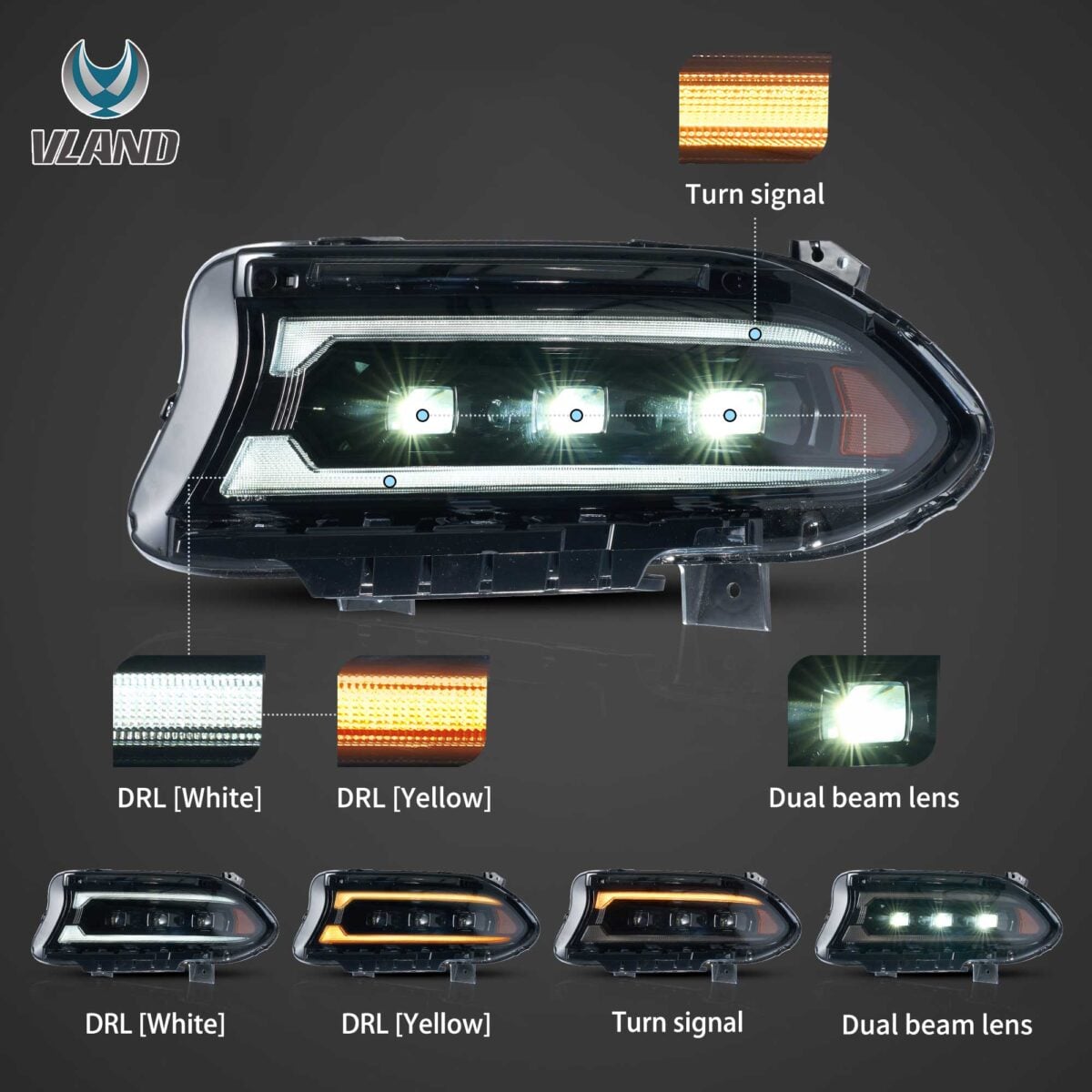 2015-2023 Dodge Charger Vland Bi-LED Projectors Headlights Black YAA-XCHR-2033B-2B31A (3)
