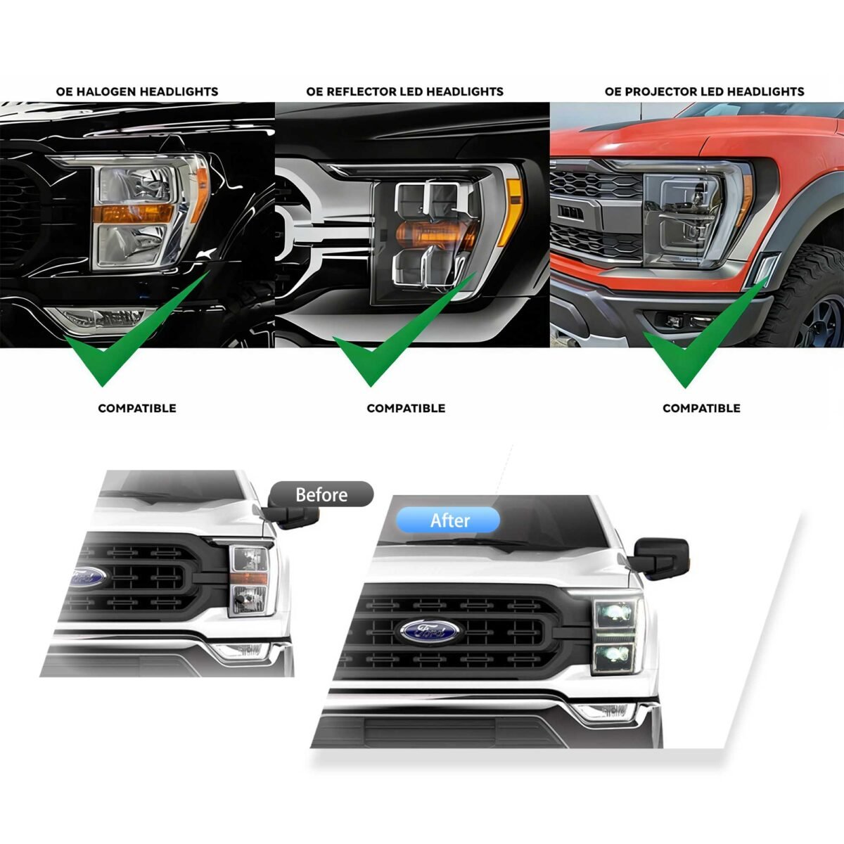 2021-2024 Ford F150 Vland Full BI-LED Headlights With AmberWhite DRL Options YAA-F150-2054D-2B32A Compatible