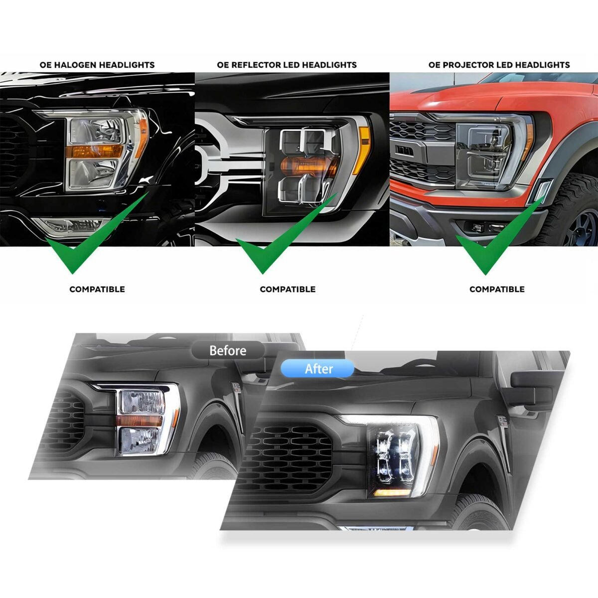 21-23 Ford F150 14th Gen Vland Projector Full LED Matrix Headlights Upgrade YAA-F150-2054B-2P32C-1 Before and after