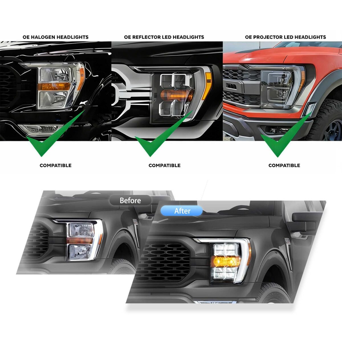 21-24 Ford F150 14th Gen Vland LED Reflection Bowl HeadLights Chrome YAA-F150-2054-2D32C-1 Compatible