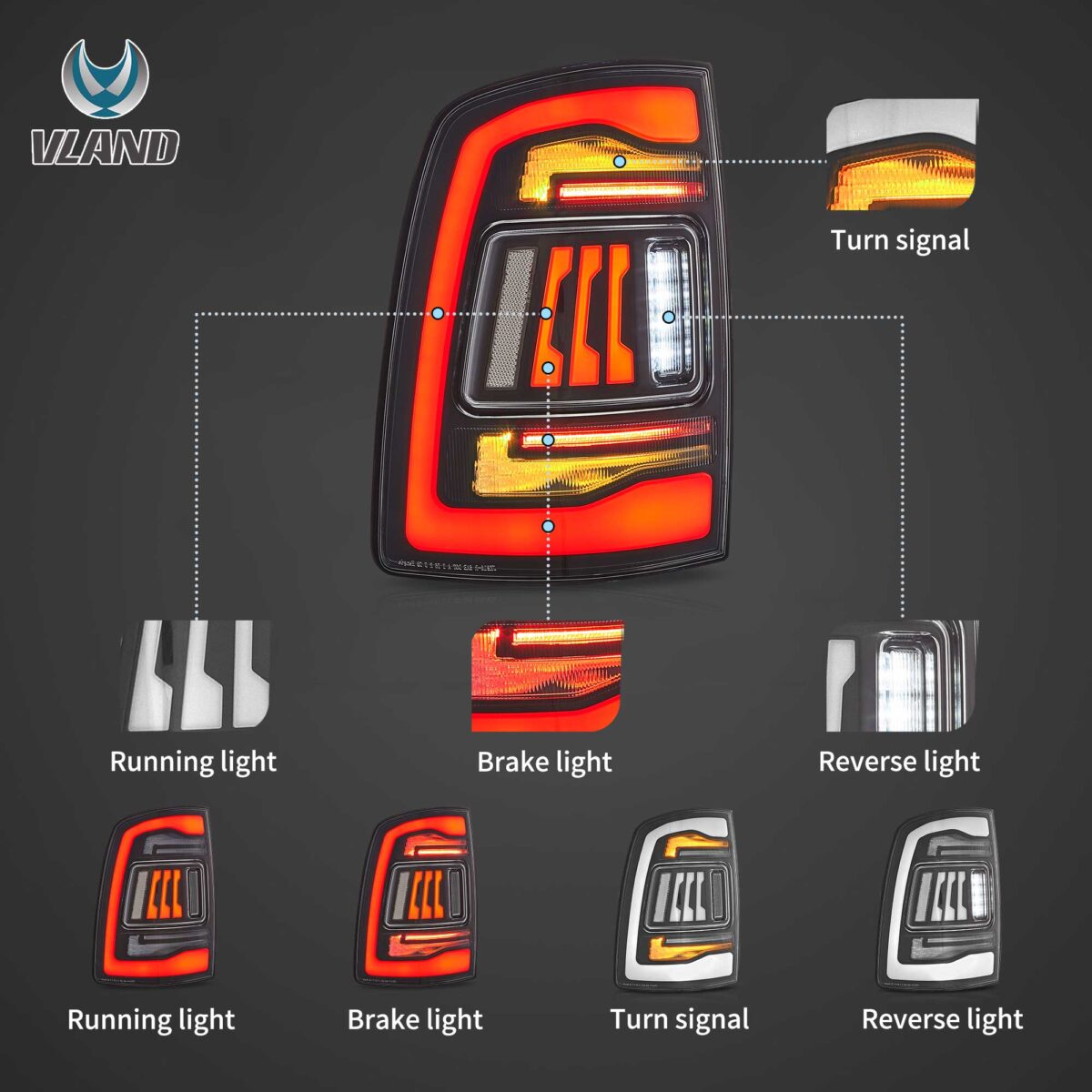 2019-2024 Dodge RAM 2500 RAM 3500 Vland LED Tail Lights With Amber Turn Signal YHB-DG-8086C-TM1YC (3)