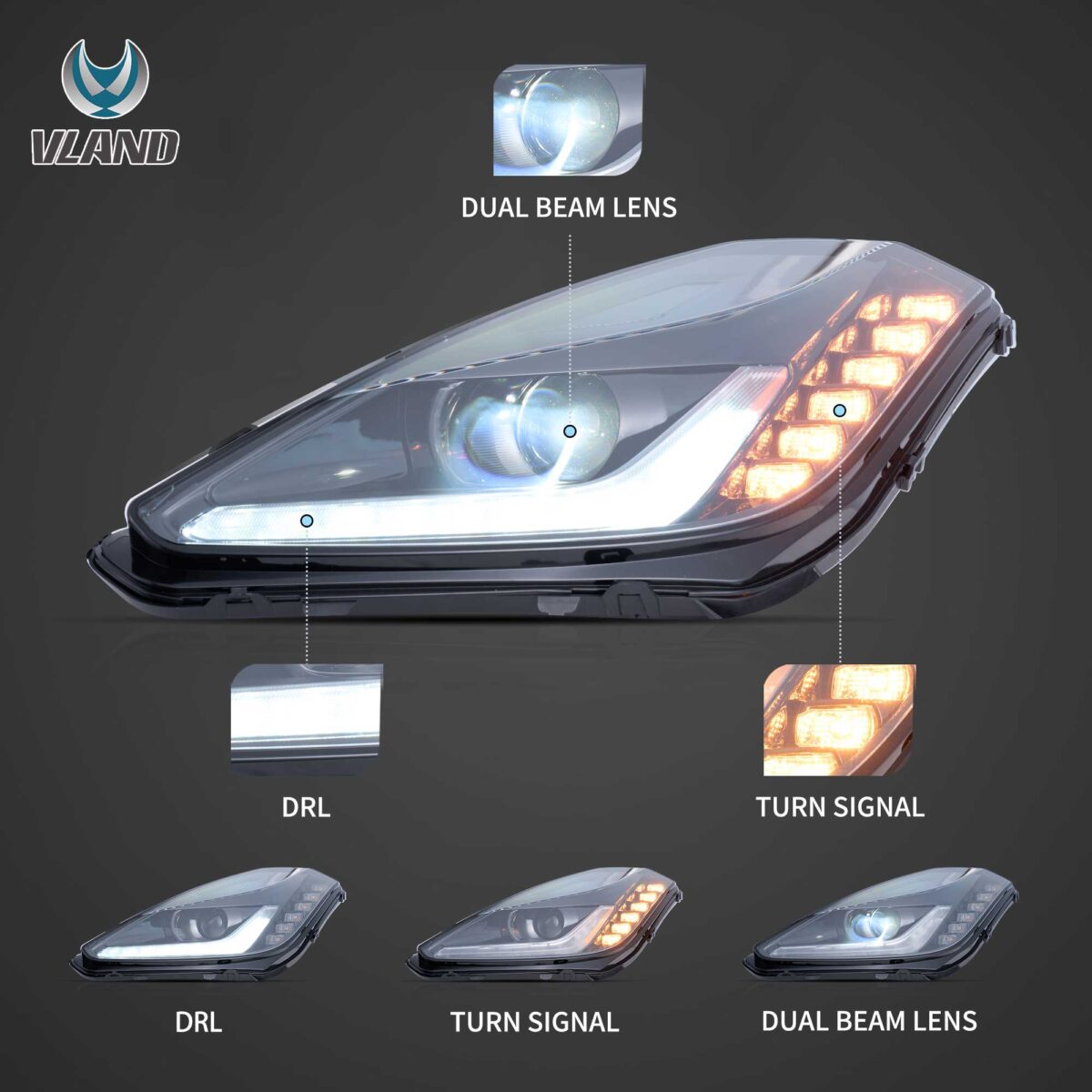 14-19 Chevrolet Corvette C7 Vland LED Dual Beam Projector Headlights YAA-C714-2115-2B32A (2)